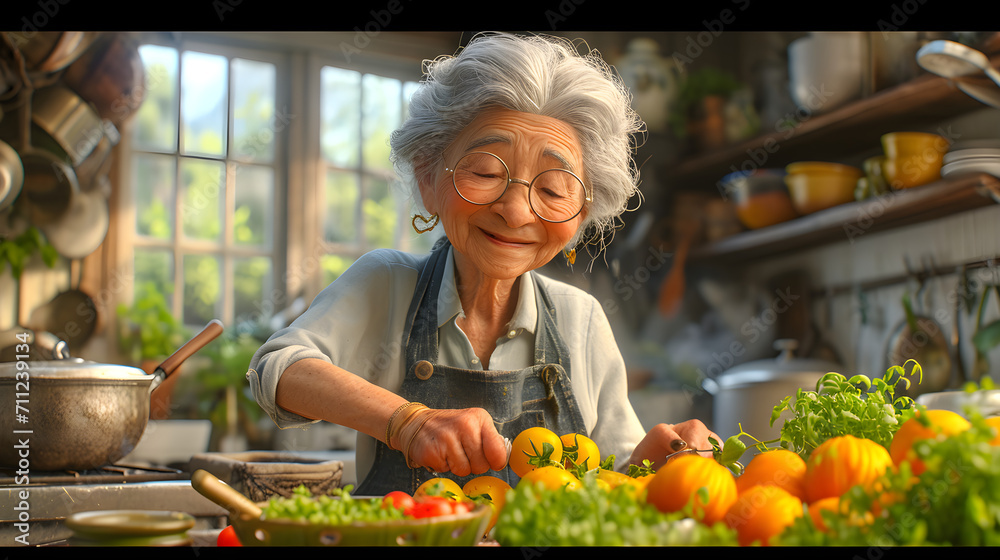 Grandma is happily cooking, Grandma cooks food for her grandchildren, AI generate