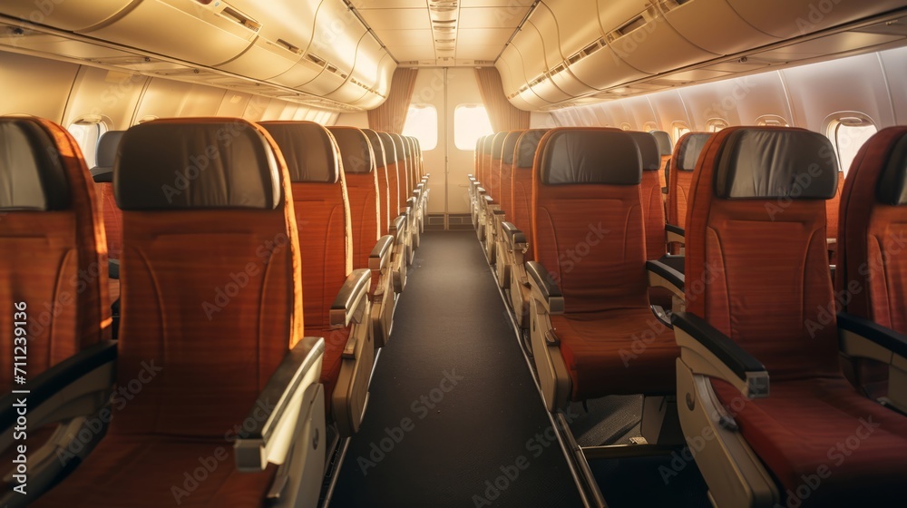 Fototapeta premium The silent rows of seats facing the grandeur of aeroplanes in flight