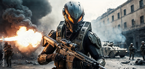 a battle suit, a soldier in war or combat operations with a helmet and visor, carries a machine gun, metallic combat armor as a battle suit, fictional location, street fight and war zone photo
