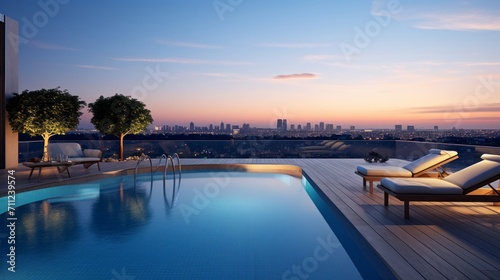 An inviting infinity pool terrace graced by the soft hues of dusk © Malika