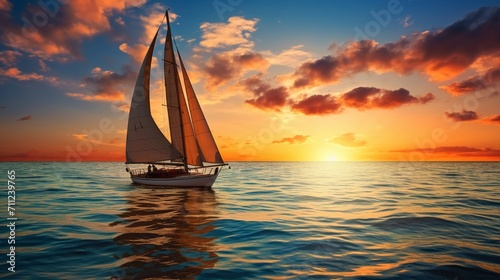Adventure at sea depicted by the warm glow of a sunset sail against the calm ocean horizon