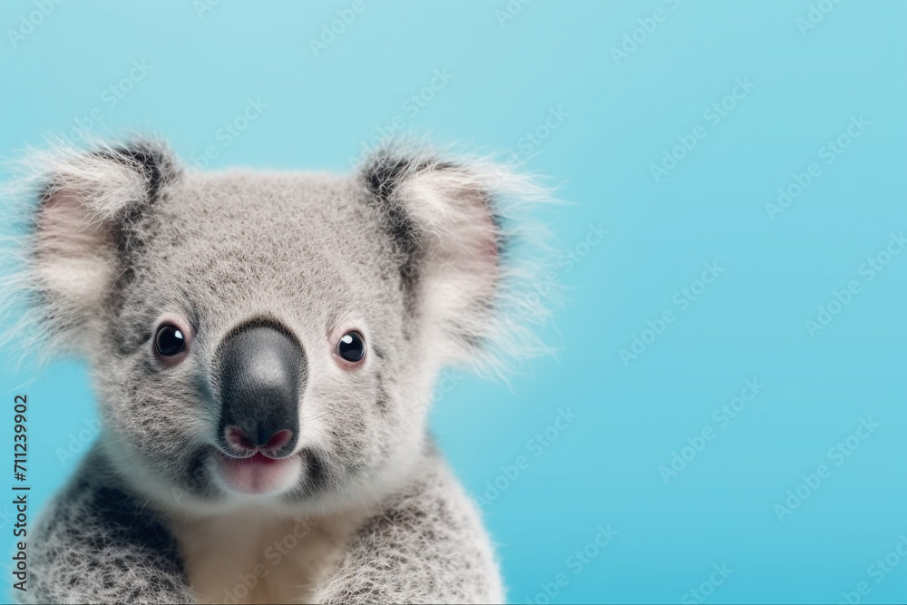 koala isolated on blue background , copy space for text koala isolated on blue background , copy space for text