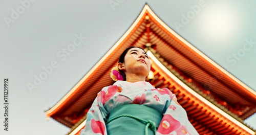 Canvas Print Woman, Japanese shinto temple and traditional clothes for culture, building or religion in sunshine