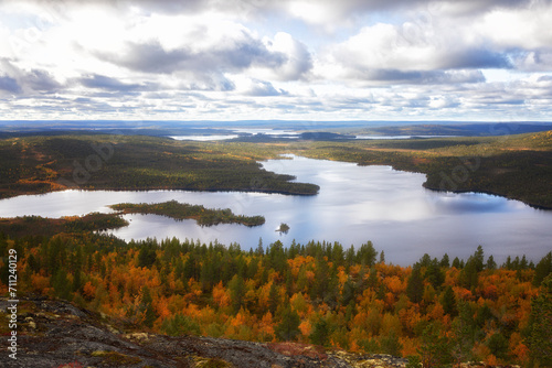 Autumn Landscapes overlooking the lake Kaskama. Panorama. Kola Peninsula  Arctic Circle  Russia