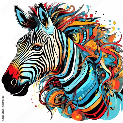 Abstract zebra head close up with tangled doodle elements. Full color illustration. generative ai