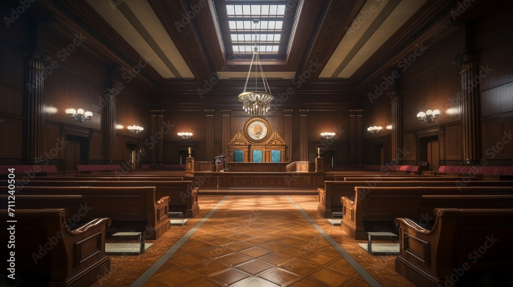 The solemn atmosphere of a courtroom captured through its orderly seating