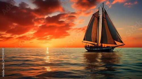 Adventure at sea depicted by the warm glow of a sunset sail against the calm ocean horizon © Malika