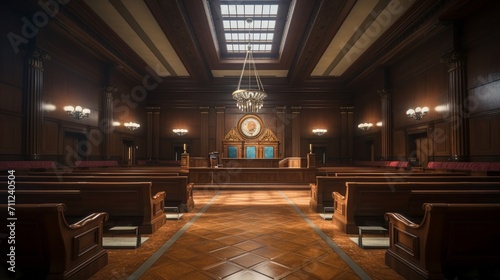 The solemn atmosphere of a courtroom captured through its orderly seating photo