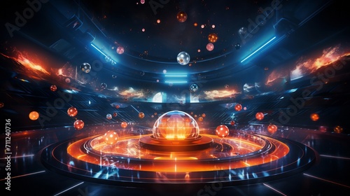 Virtual sports arena glowing with energy and motion, surrounded by iconic balls