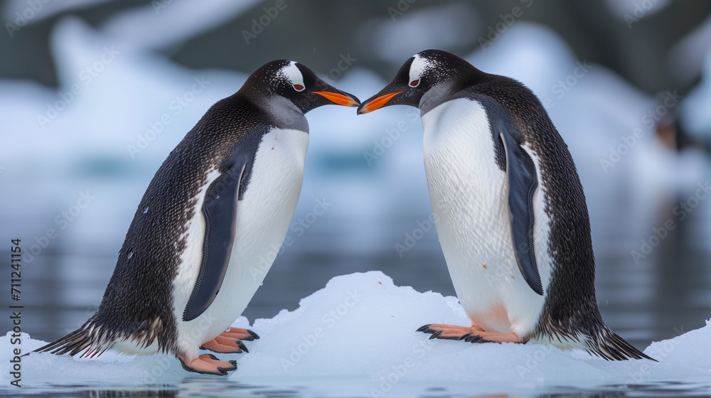 Fototapeta premium two penguins and their baby, penguin family in the antarctic, isolated king penguin, penguins hugging their baby, 4K, Bonding Time, King penguin looking up, isolated on white