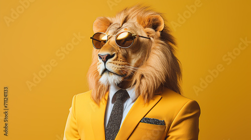 Stylish Lion in Suit with Sunglasses on Yellow Background