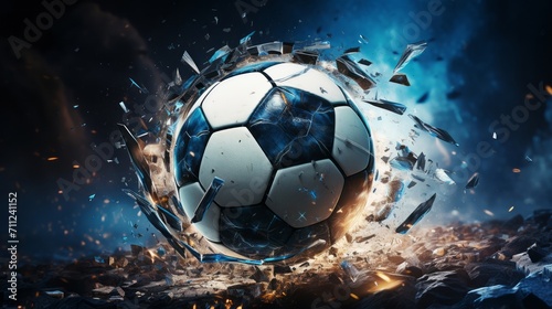 High-energy sports and technology collision, featuring a soccer ball and shattered digital effects