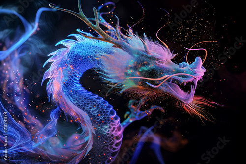 Particles effect of Chinese dragon on dark backgrounds.