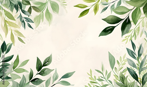 Green leaves watercolor background invitation template, Generative AI