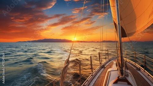 Sailing into the sunset, a yacht's sail catches the golden light of dusk on the open sea