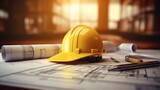 Construction planning and safety represented by a yellow hard hat on architectural blueprints