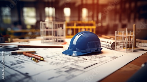 Engineering and architecture come together with a hard hat and detailed building plans