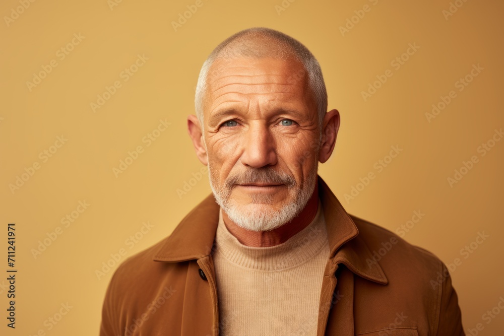 Portrait of a senior man in a brown jacket on a yellow background. Portrait of a senior man in a brown jacket on a yellow background.
