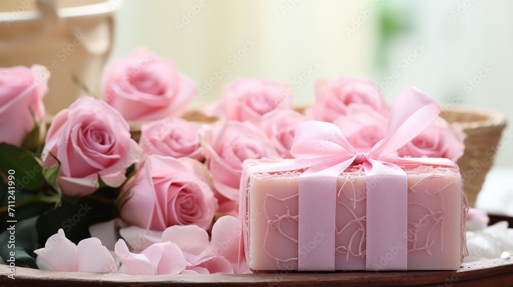 Gift of soap adorned with a pink ribbon beside a basket of handcrafted roses
