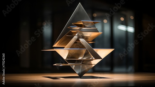 Geometric metal sculpture creates an interplay of light and shadow, embodying contemporary design photo