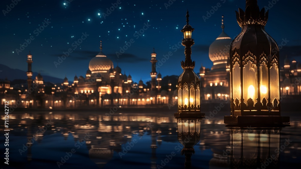 Enchanting night view of an illuminated lantern with an islamic mosque backdrop, evoking tranquility