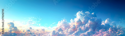 Breathtaking view of fluffy, sun-illuminated clouds set against a deep blue sky