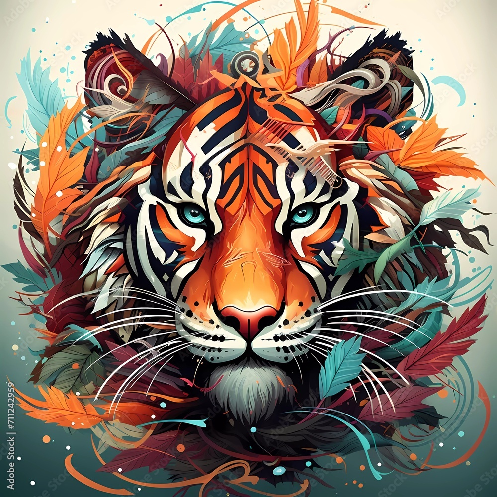 Abstract tiger head close up with tangled doodle elements. Full color illustration. generative ai