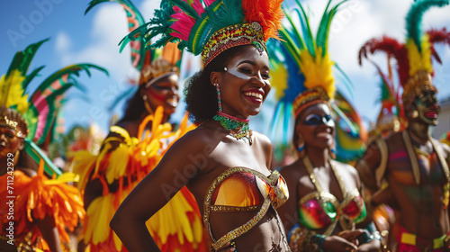 Smiling woman in colorful carnival costume.