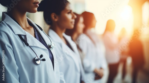 Cropped photo of doctors wearing white medical gowns and stethoscopes stand in a row in a modern clinical hospital. Healthcare, Medicine and Science concepts.