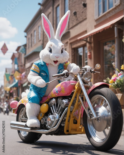 Easter Bunny on Bike, Festive Bunny Illustration, Sports Motorcycle Easter Art, Heavy Bike Easter Celebration, Modern Easter Bunny Design, Easter Egg Hunt Concept, Whimsical Bunny Riding, Festive 