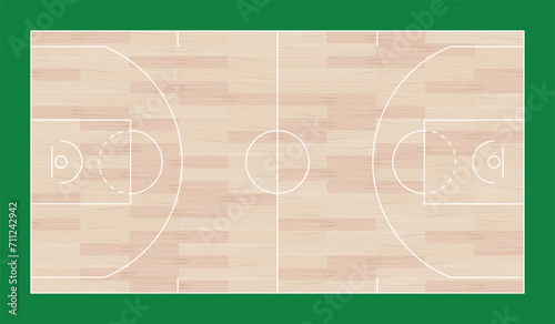 Basketball court floor ground wooden pitch. Top view outline diagram background