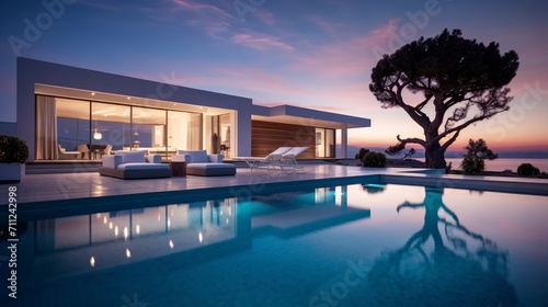Modern architecture meets tranquil nature in this stunning poolside evening scene © Malika