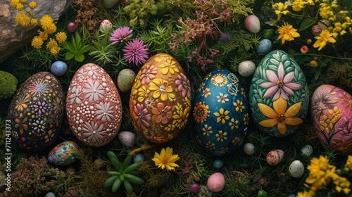 Artistic Easter egg flat lay  eggs painted with intricate designs and vibrant hues