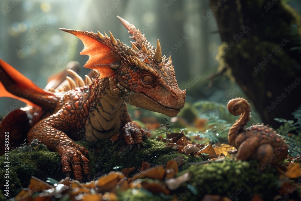 Obraz premium Friendly dragon plays with enchanted creatures, a whimsical scene of mythical camaraderie.