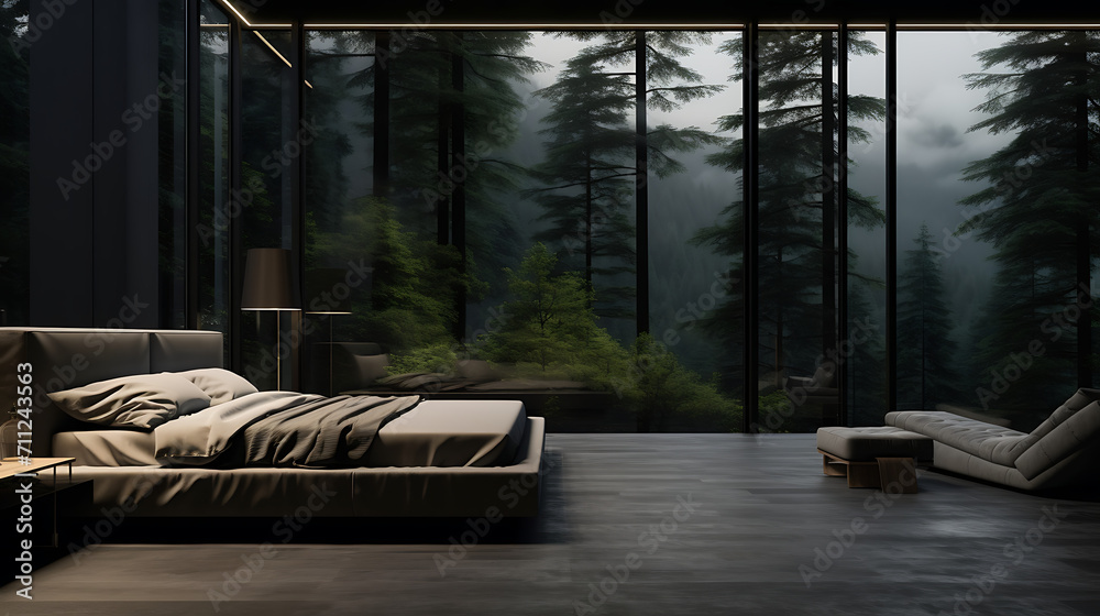 Minimalistic matte black mansion bedroom, view of a pale green alpine forest, luxury but minimal, everything matte black, warm white lighting in corners 