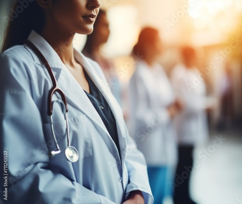 Close-up cropped photo of female doctors wearing white medical gowns and stethoscopes standing in a row in a modern clinical hospital. Healthcare, medicine and science concepts. Copy space.