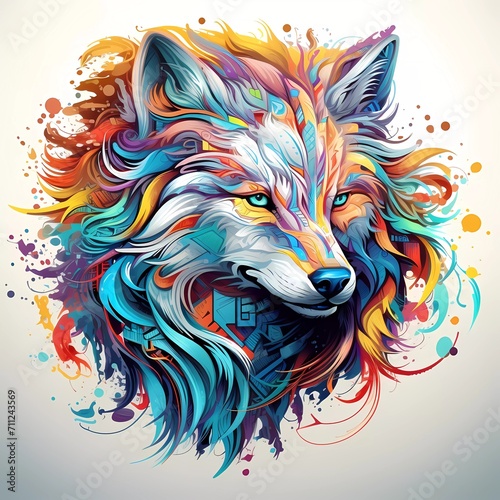 Abstract wolf head close up with tangled doodle elements. Colorful illustration. generative ai © KBL Sungkid