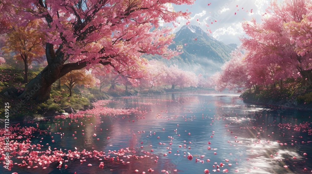 Tranquil scene of Sakura trees in full bloom along a peaceful river, petals gently falling, serene and picturesque - obrazy, fototapety, plakaty 