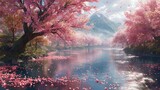 Tranquil scene of Sakura trees in full bloom along a peaceful river, petals gently falling, serene and picturesque