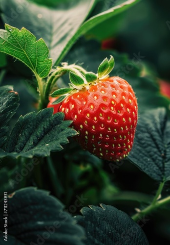 Ripe strawberries growing on a bush