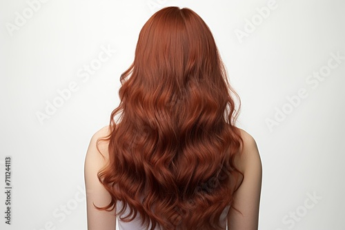 Rear view of woman with healthy and shiny orange-red long hair, hair dye advertising, salon advertising, hair salon advertising wallpaper, hair color choice card