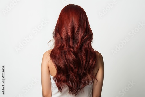 Rear view of woman with healthy and shiny red long hair, hair dye advertising, salon advertising, hair salon advertising wallpaper, hair color choice card