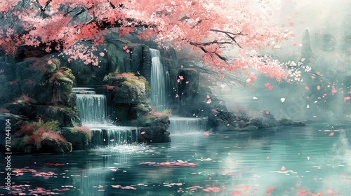 Watercolor painting of a serene Japanese garden, soft pastel hues, cherry blossoms gently falling on a tranquil pond photo