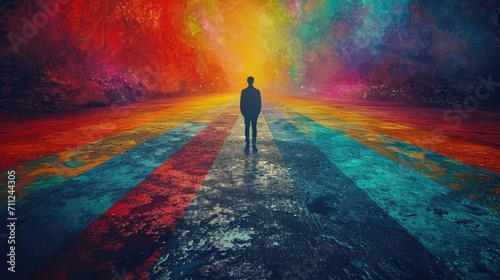 A person standing at a crossroads with multiple colorful, imaginative paths ahead, choice of creative directions photo