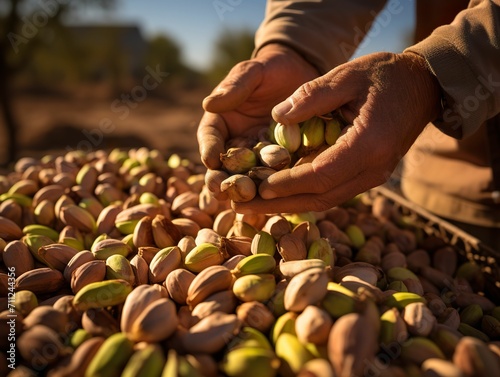 Freshly picked pistachios on a farm background, freshly roasted pistachios, pistachio fruit specialty of the Greek islands, organic nuts