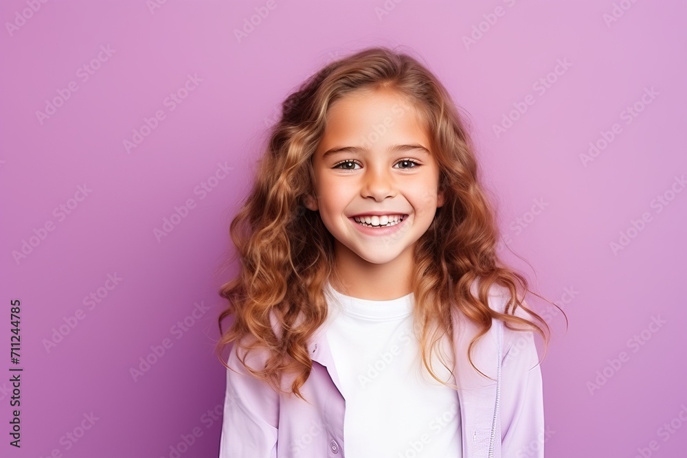 Portrait of a cute little girl smiling and looking at camera over purple background Portrait of a cute little girl smiling and looking at camera over purple background