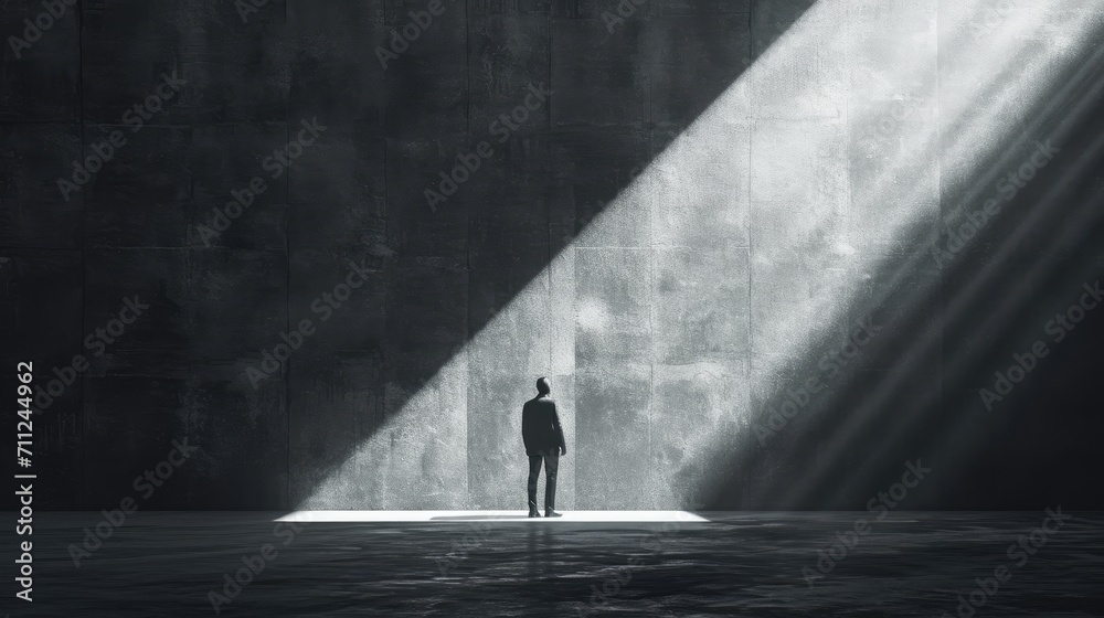 Conceptual image of overcoming depression, a figure stepping from shadows into a beam of light, hopeful atmosphere Conceptual image of overcoming depression, a figure stepping from shadows into a beam of light, hopeful atmosphere
