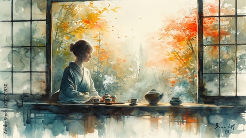 Japanese tea ceremony, watercolor style with flowing, gentle brush strokes, peaceful and subtle