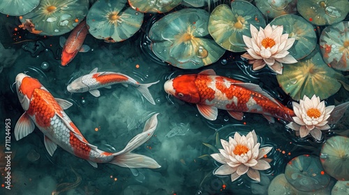 Watercolor illustration of a koi pond, vibrant koi fish swimming amidst lily pads, a fusion of realism and fantasy