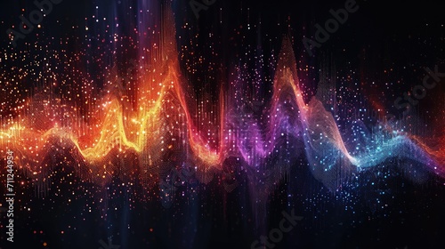 Visualization of music sound waves, colorful patterns against a black background, resembling a digital equalizer